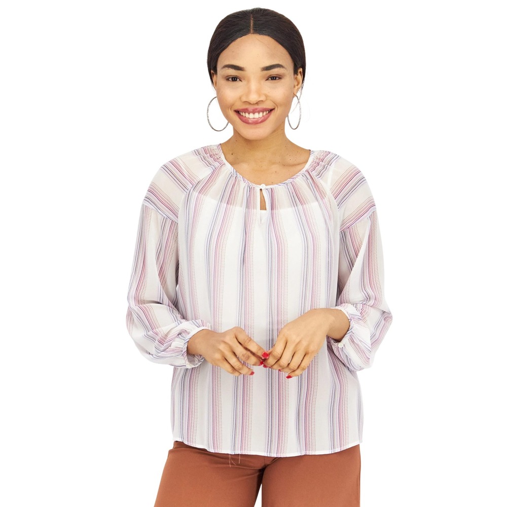 200.Vince Camuto Women Key Hole Neck Long Sleeve Stripe Top White Combo size XXS